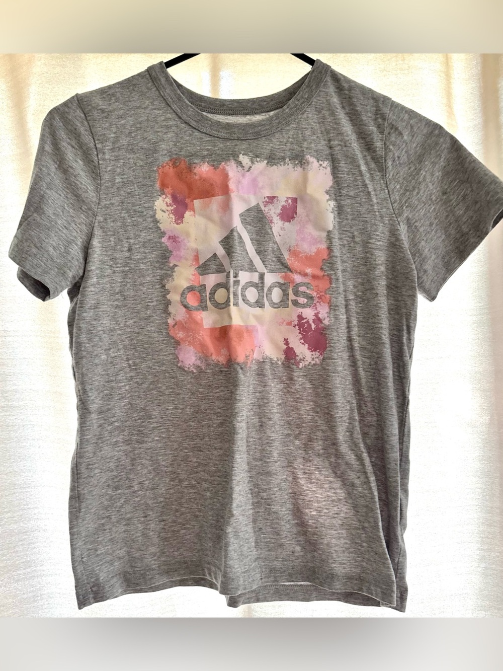 Adidas Girls' Gray Logo Tee with Pink & Coral Graphic - size L